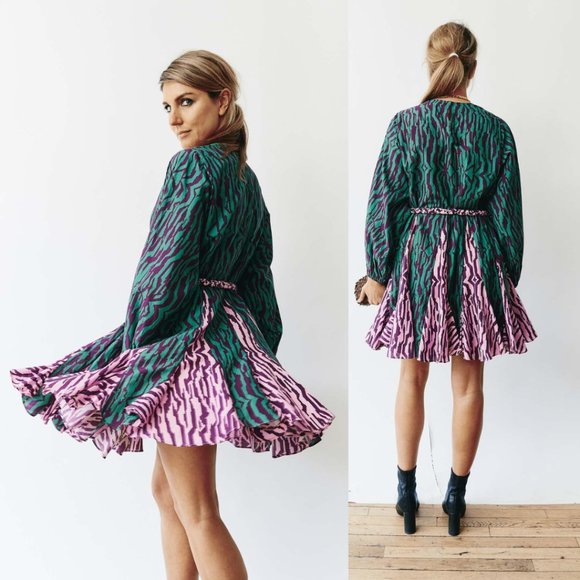 COPY - RHODE Ella Mini Dress SZ XS Abstract Zebra Print Braided Belt Long Sleev… - Picture 1 of 10